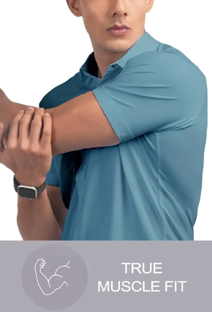 Men??s Muscle Fit Dress Shirts Athletic Slim Fit Short Sleeve Stretch Casual Button Down Shirt