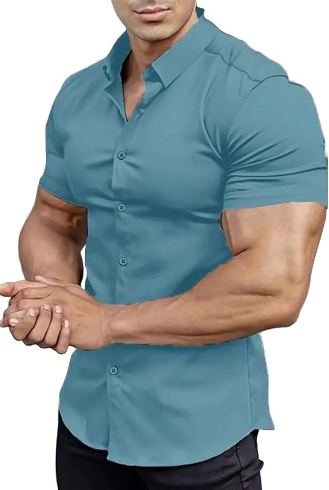 Men??s Muscle Fit Dress Shirts Athletic Slim Fit Short Sleeve Stretch Casual Button Down Shirt