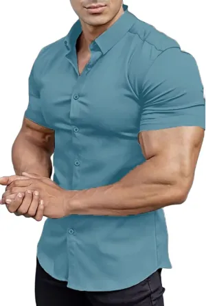 Men??s Muscle Fit Dress Shirts Athletic Slim Fit Short Sleeve Stretch Casual Button Down Shirt