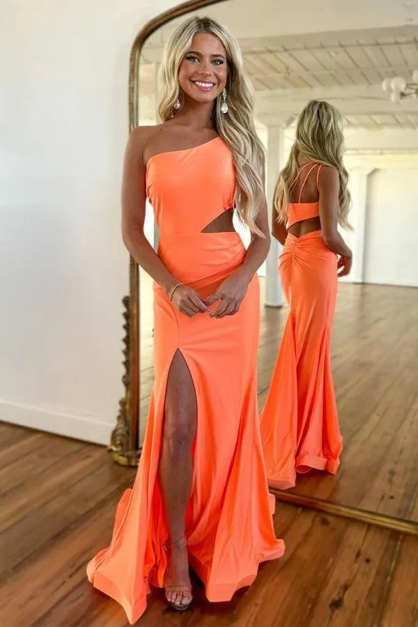 Mermaid One Shoulder Orange Prom Dress With Split  PSK445