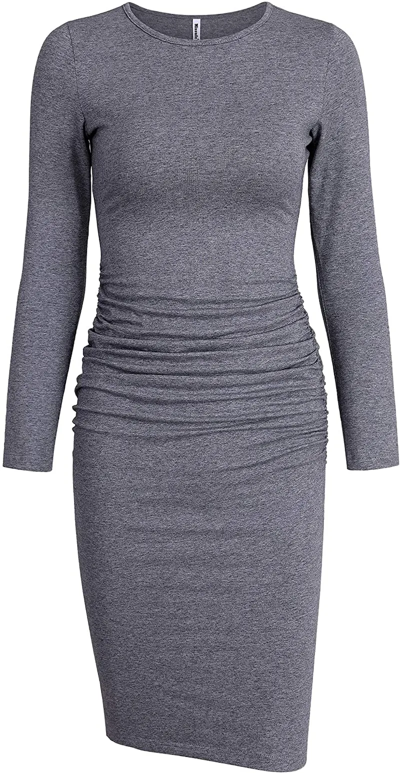 Missufe Women's Long Sleeve Ruched Casual Sundress Midi Bodycon Sheath Dress