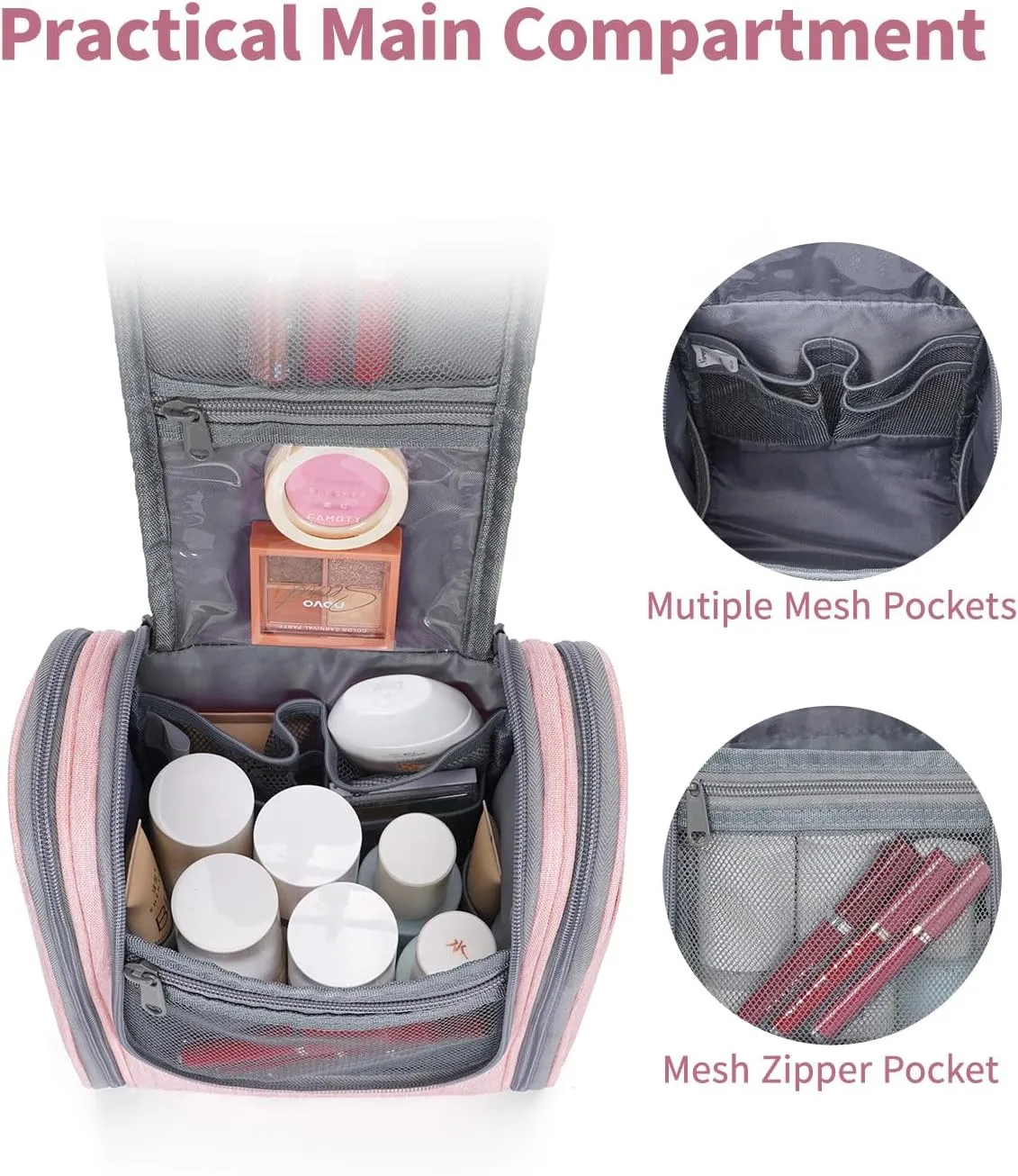 Narwey Small Hanging Toiletry Bag Women Travel Makeup Bag Organizer Toiletries Bag for Travel Size Essentials Accessories Cosmetics (Medium, Pink)