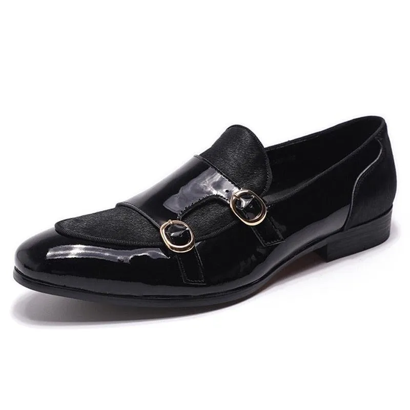 Patent Leather Monk Strap Formal Loafers - Men Shoes