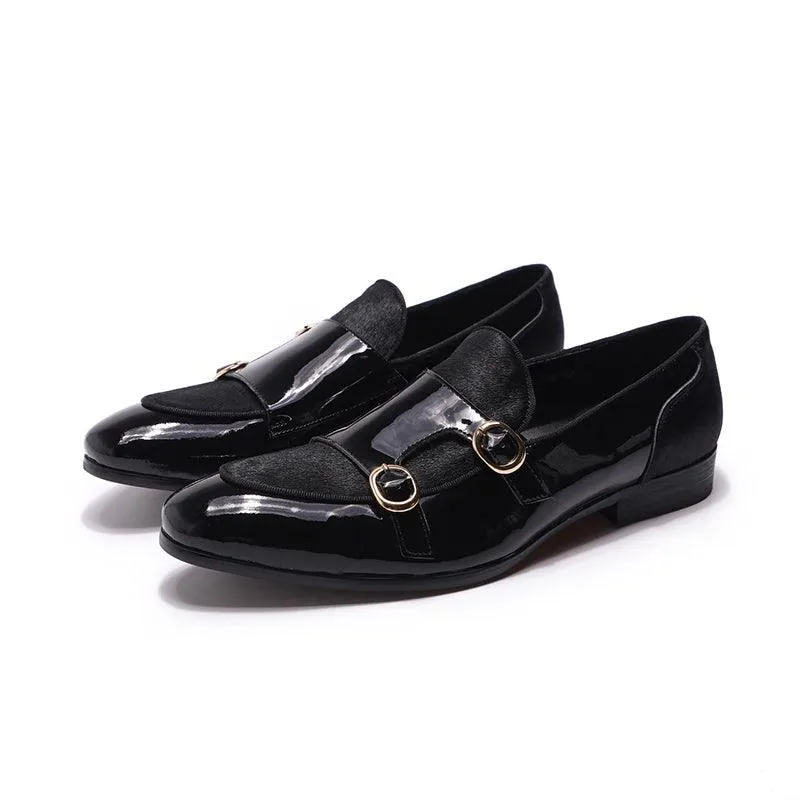 Patent Leather Monk Strap Formal Loafers - Men Shoes