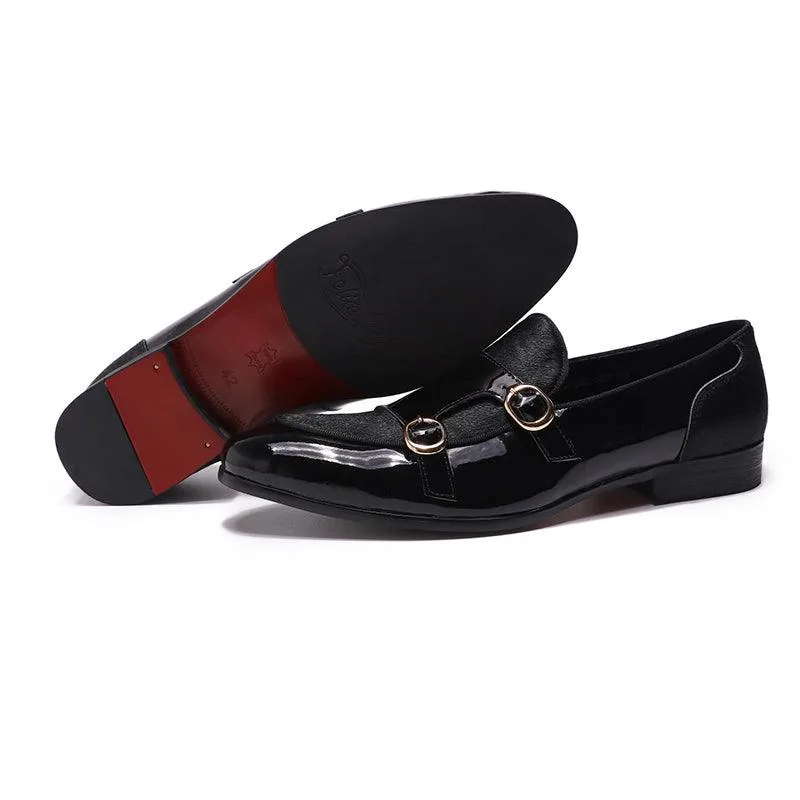 Patent Leather Monk Strap Formal Loafers - Men Shoes
