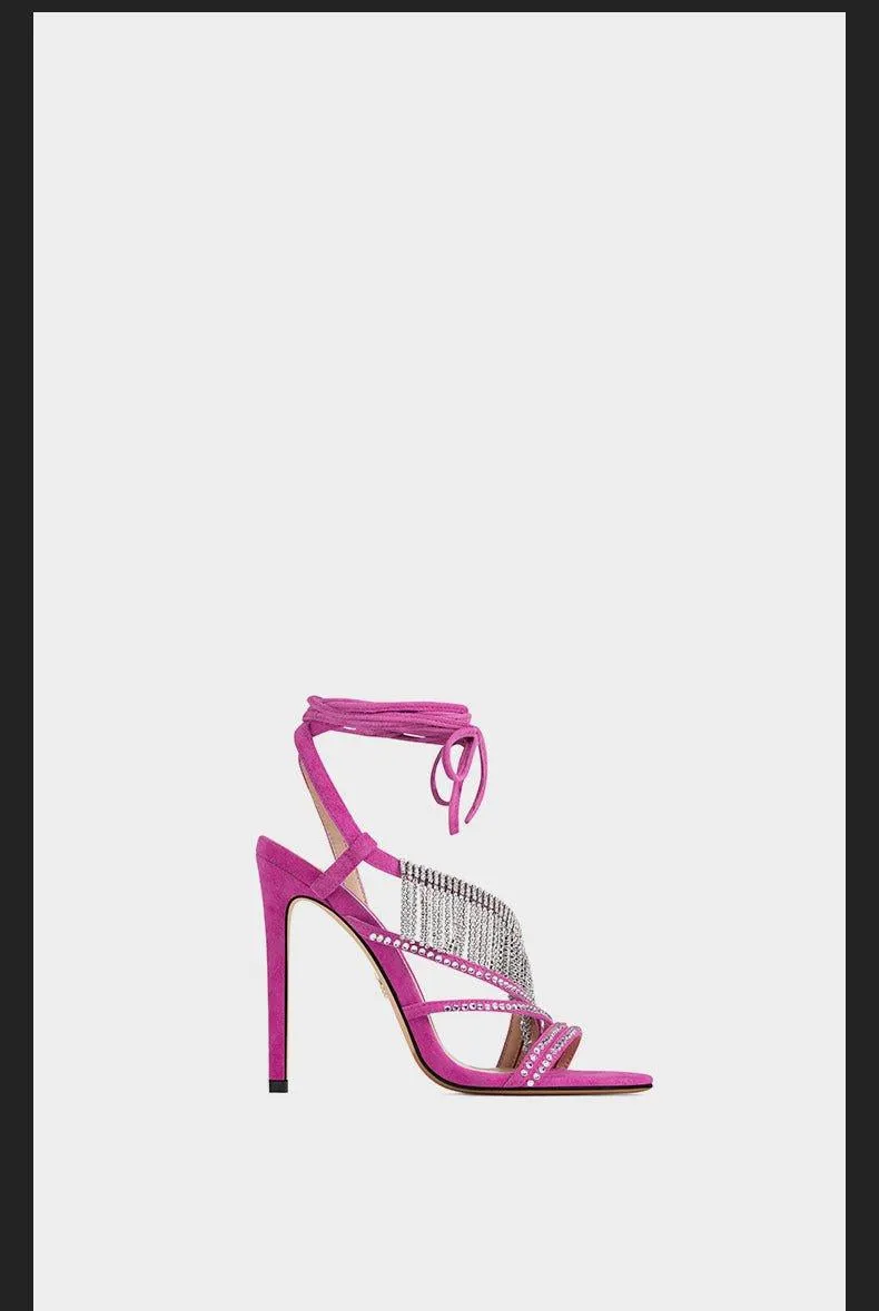 Pink rhinestone tassel lace-up women's shoes sexy sandals - Rira