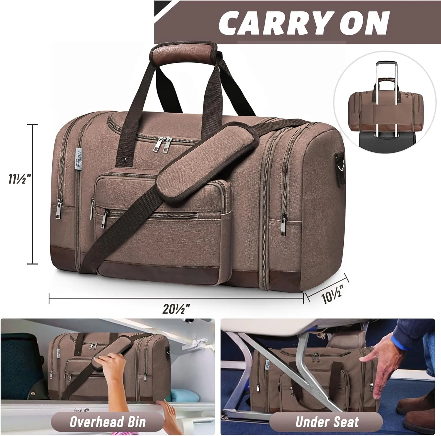 Wolhbege Duffle Bag for Travel,Mens Travel Bag & Carry On Bag for Men with Expandable Design and Luggage Sleeve ?CDuffel Bag for Gym, Weekender, Overnight Trips Brown
