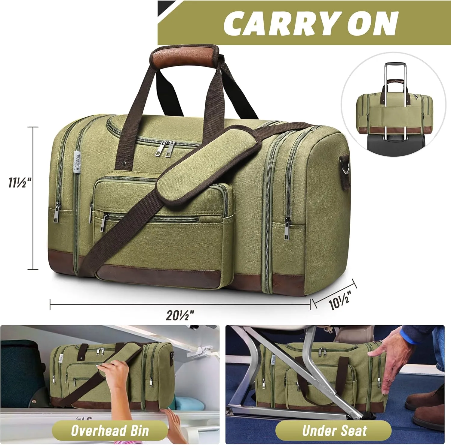 Wolhbege Duffle Bag for Travel,Mens Travel Bag & Carry On Bag for Men with Expandable Design and Luggage Sleeve ?CDuffel Bag for Gym, Weekender, Overnight Trips Green