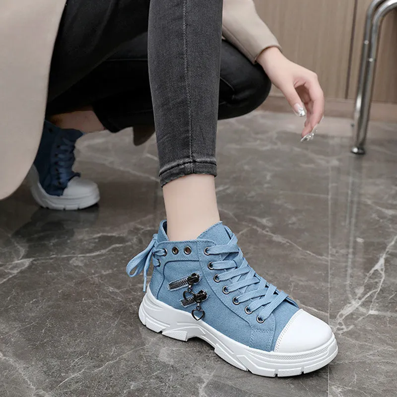 Women's denim canvas lace-up platform sneakers