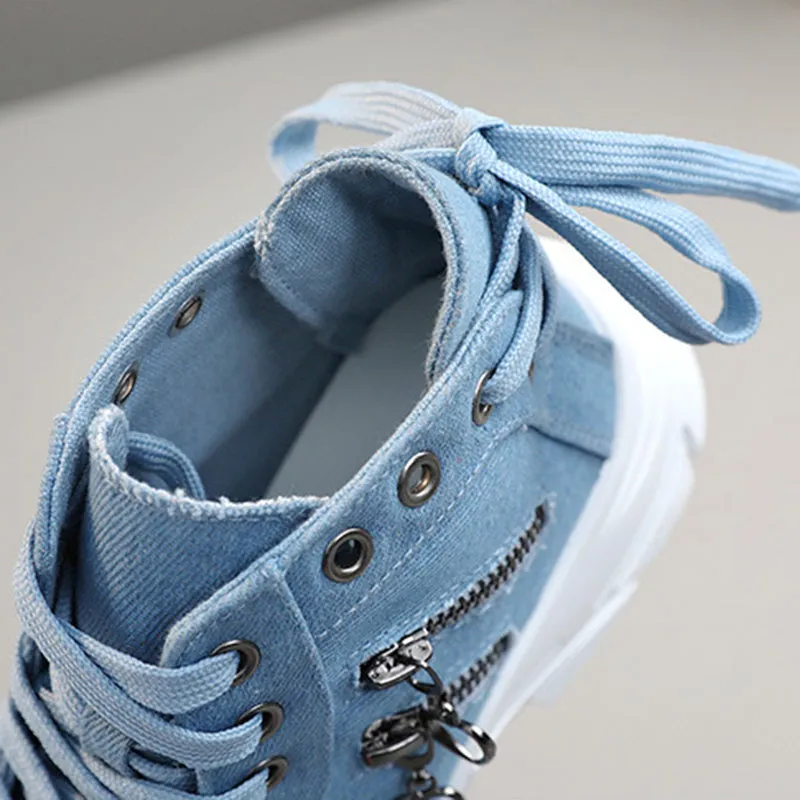 Women's denim canvas lace-up platform sneakers