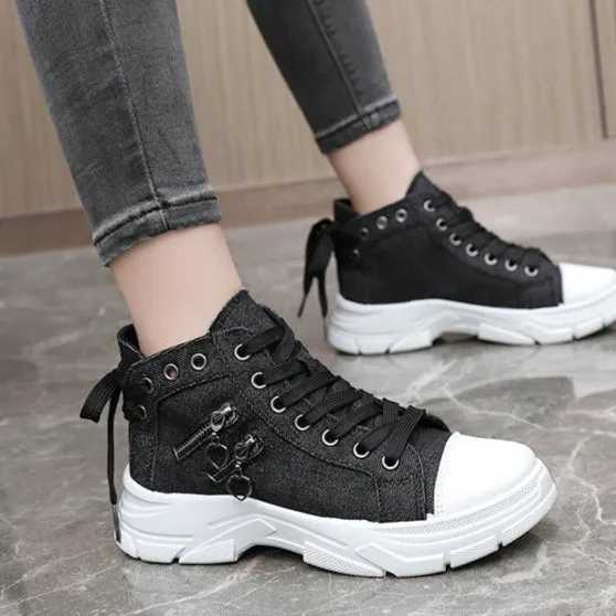 Women's denim canvas lace-up platform sneakers
