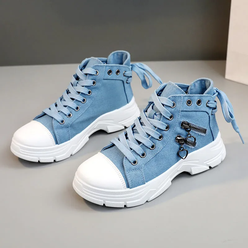 Women's denim canvas lace-up platform sneakers