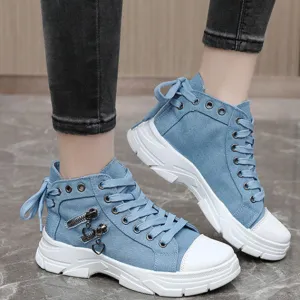 Women's denim canvas lace-up platform sneakers