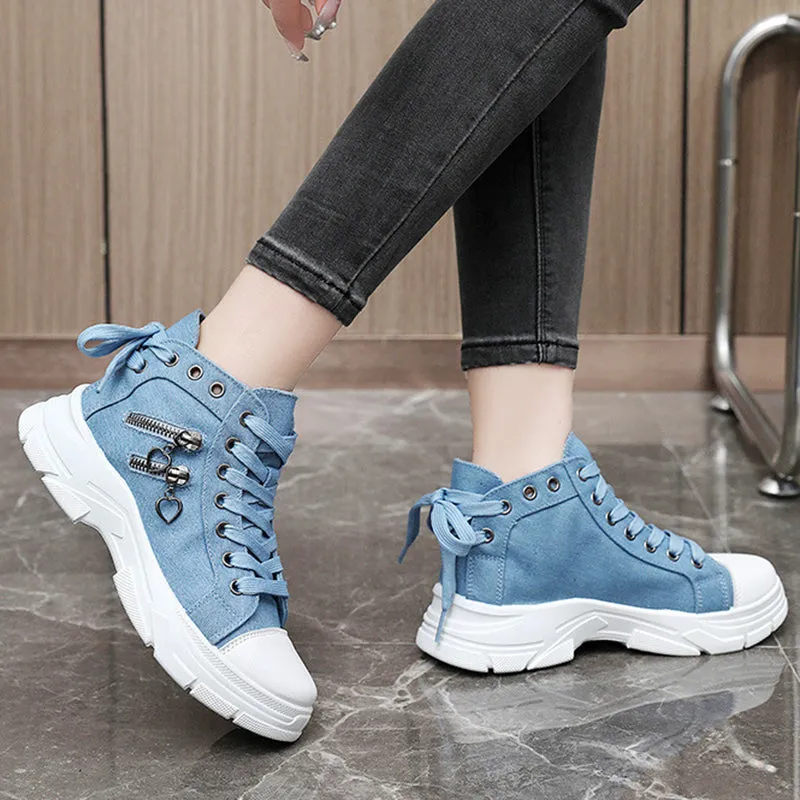 Women's denim canvas lace-up platform sneakers
