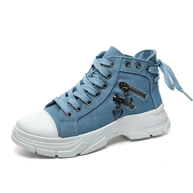 Women's denim canvas lace-up platform sneakers