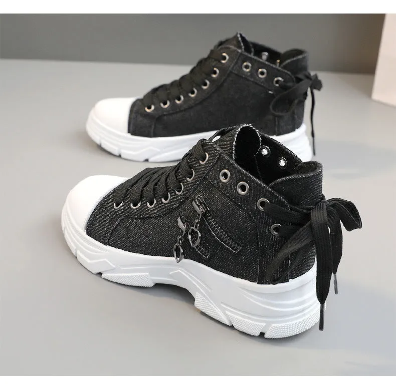 Women's denim canvas lace-up platform sneakers