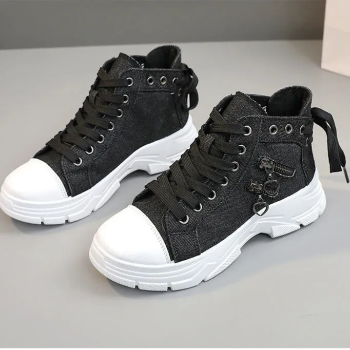 Women's denim canvas lace-up platform sneakers