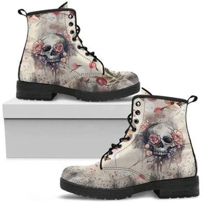 Women's fashion print lace-up boots flat high top martin boots