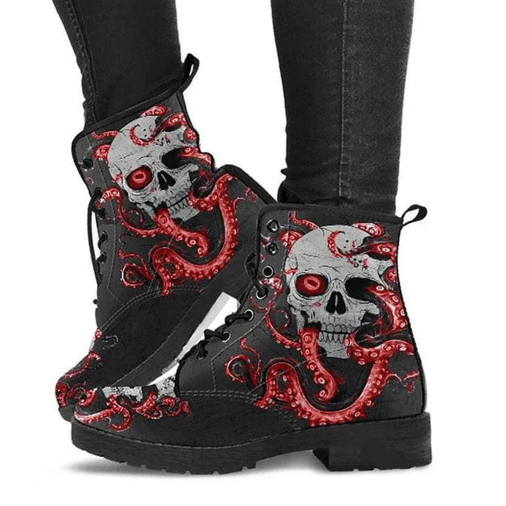 Women's fashion print lace-up boots flat high top martin boots