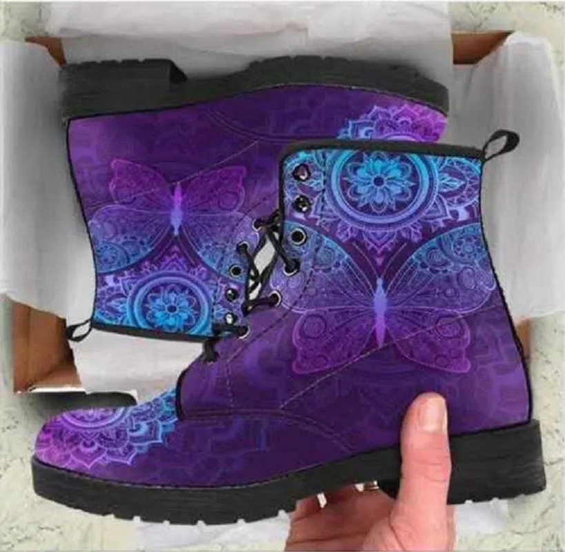 Women's fashion print lace-up boots flat high top martin boots