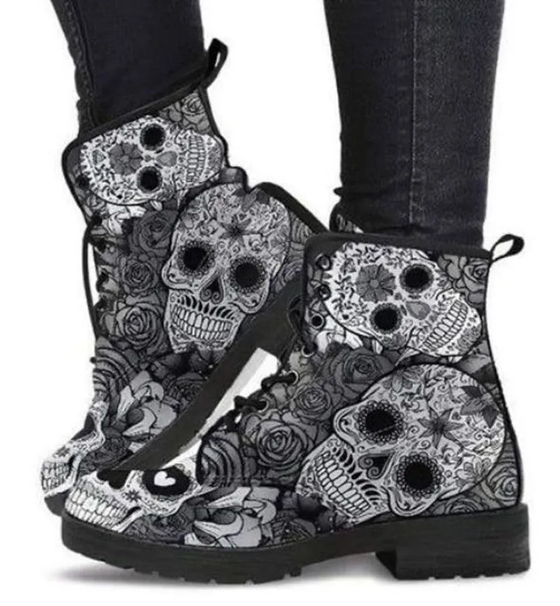 Women's fashion print lace-up boots flat high top martin boots