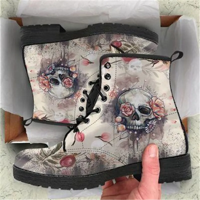 Women's fashion print lace-up boots flat high top martin boots