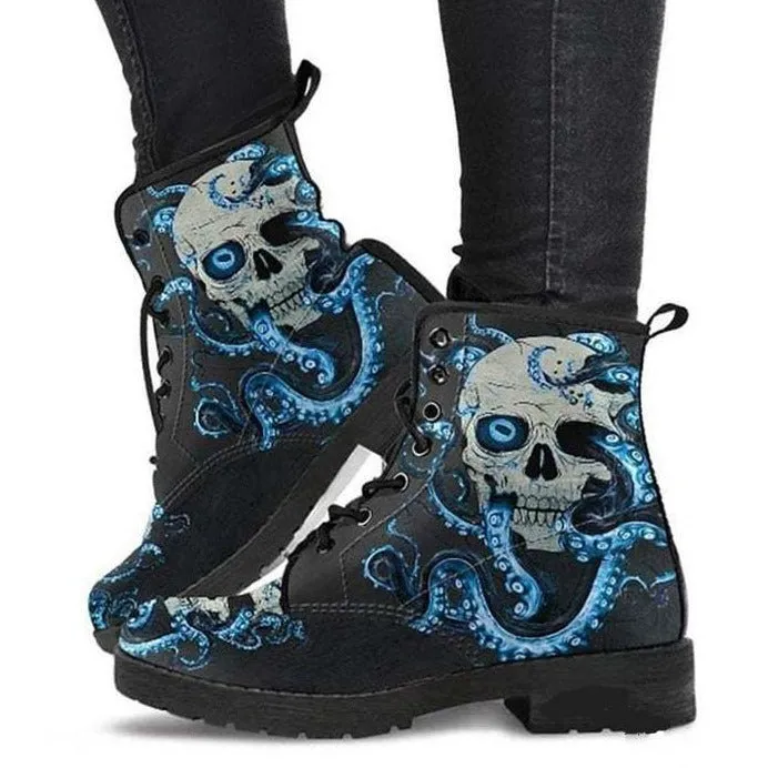 Women's fashion print lace-up boots flat high top martin boots